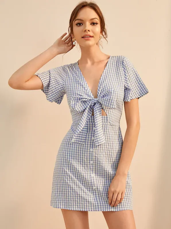 Wholesale Womens Summer Fashion Clothing Short Sleeve Front Tie bow Blue Plaid MIni Dresses