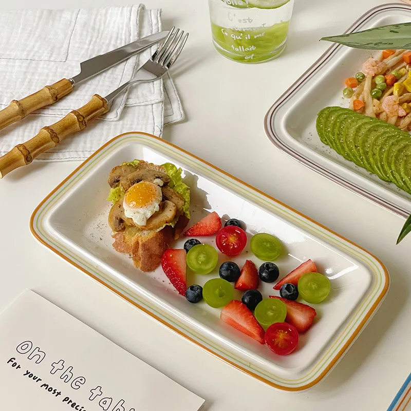 Solhui Ins retro ceramic square dishes home food sushi plates with lines