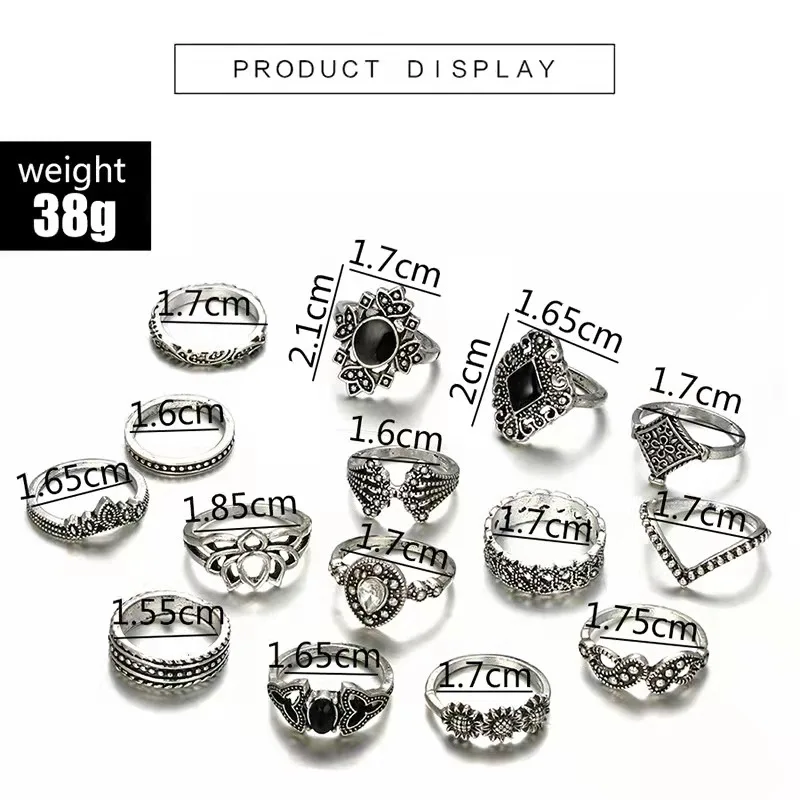 15 Pcs Silver Plated Frog Rings Set, Antique lotus tiara hand diamond drop Rings for Couples, Gift for Women Men Girls