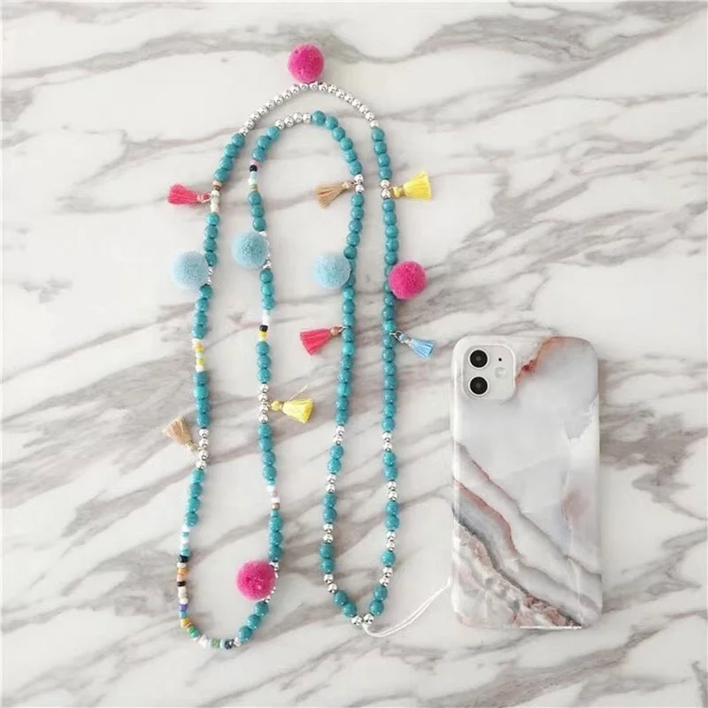 Special Offer! Ins Net Red Color Tassel Silver Beaded Long Mobile Phone Strap Handmade Turquoise Beads  Phone Accessories