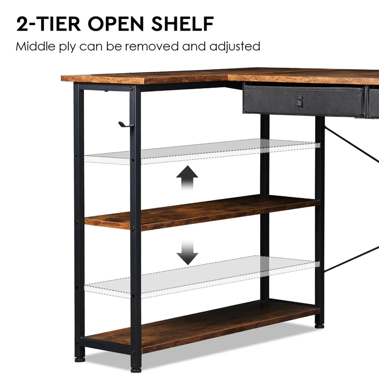 Rustic Steel L-Shaped Office Desk with Drawers Modular Small Corner Computer Workstation for Home & School Dining Storage Space