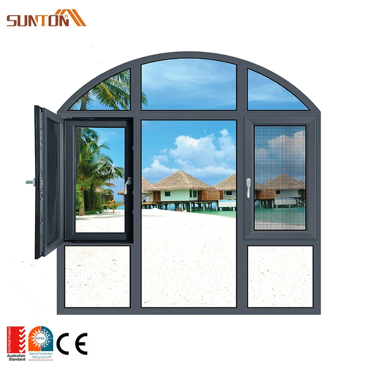Custom made aluminum circular arch top window french decorative aluminium grill frame tempered glass half-round arched windows