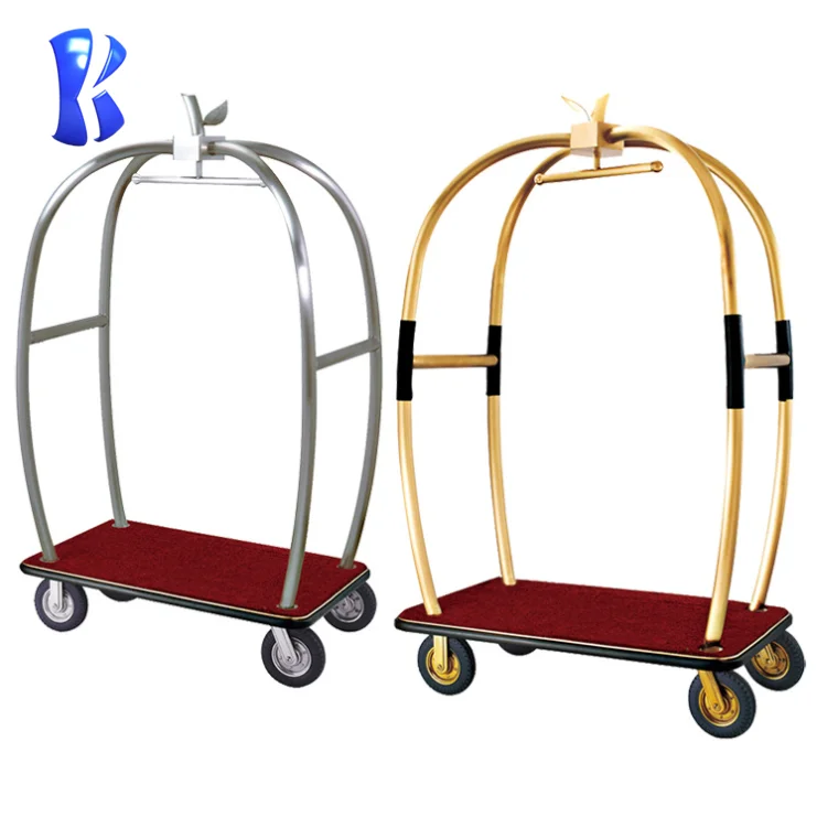 Birdcage Trolleys Bellman Cart Golden Serving Cart Hotel Travel Suitcase Trolley Stainless Steel Metal Hotel Lobby Trolley
