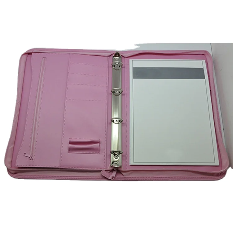 Pink PU leather a4 portfolio with notepad leather zipper binder notebook