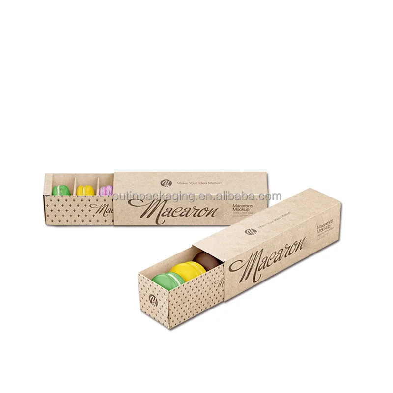 Sliding Out Open Biodegradable Kraft Cardboard Paper Packaging Gift Macaron Drawer Box with Sleeve Brown Candy Packaging Square