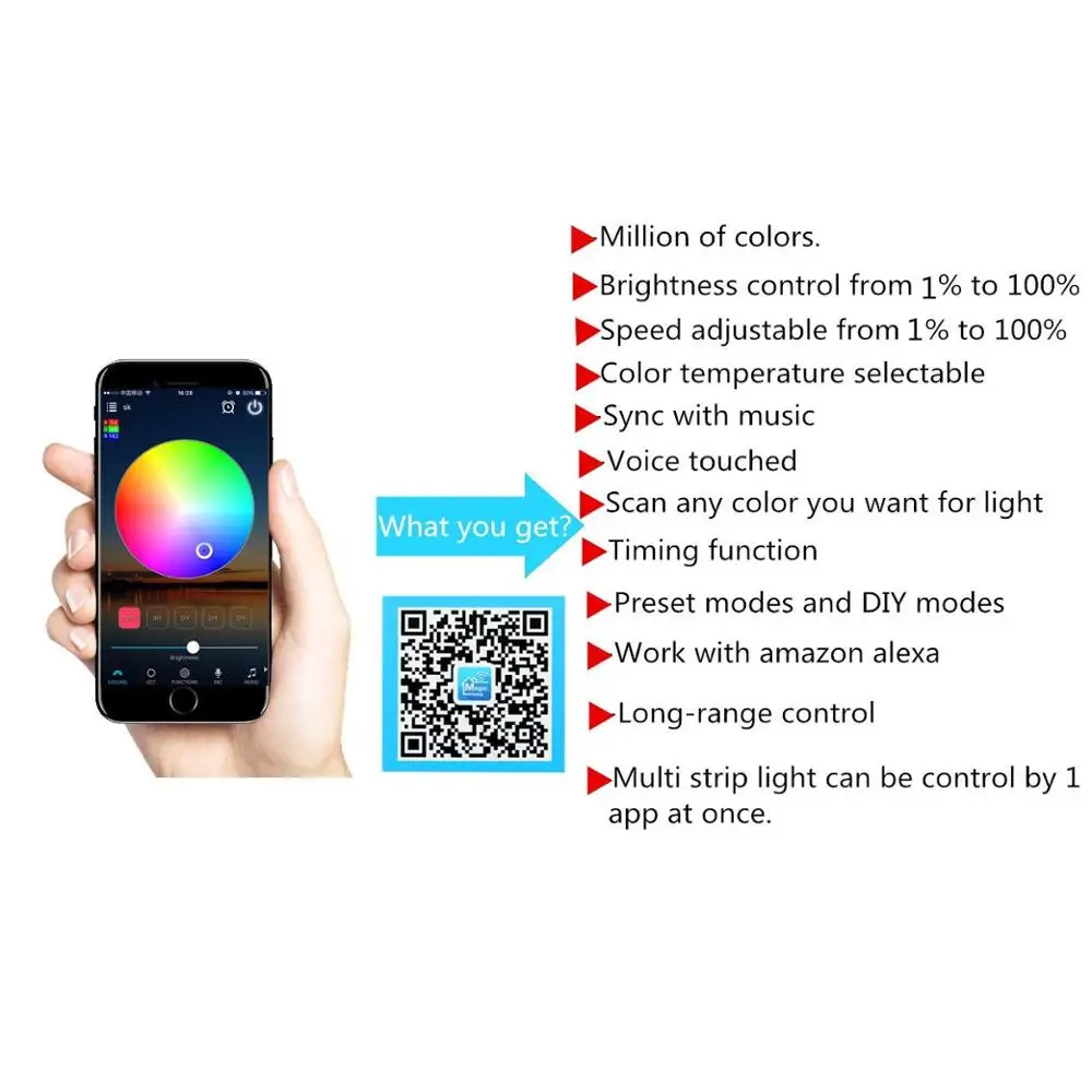WiFi Wireless Smartphone Controlled Waterproof RGB Rope Lights Flexible 5050 Light Strip 32.8ft 300LEDs DC12V UL Power Adapter