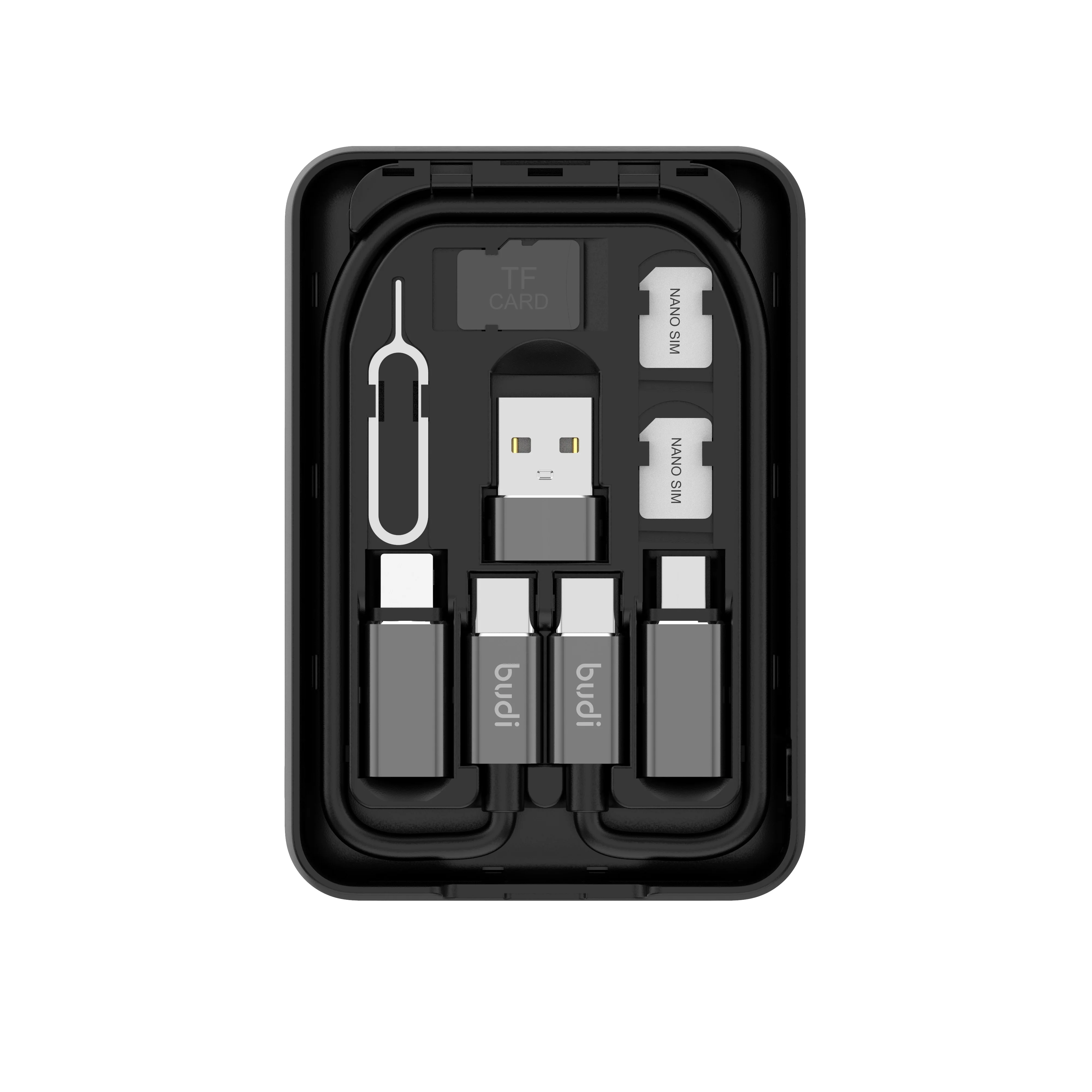 
budi oem free logo printing the newest super slim powerbank 5000mAh type c to type-c 6 in 1 data cable and sim card eject pin 