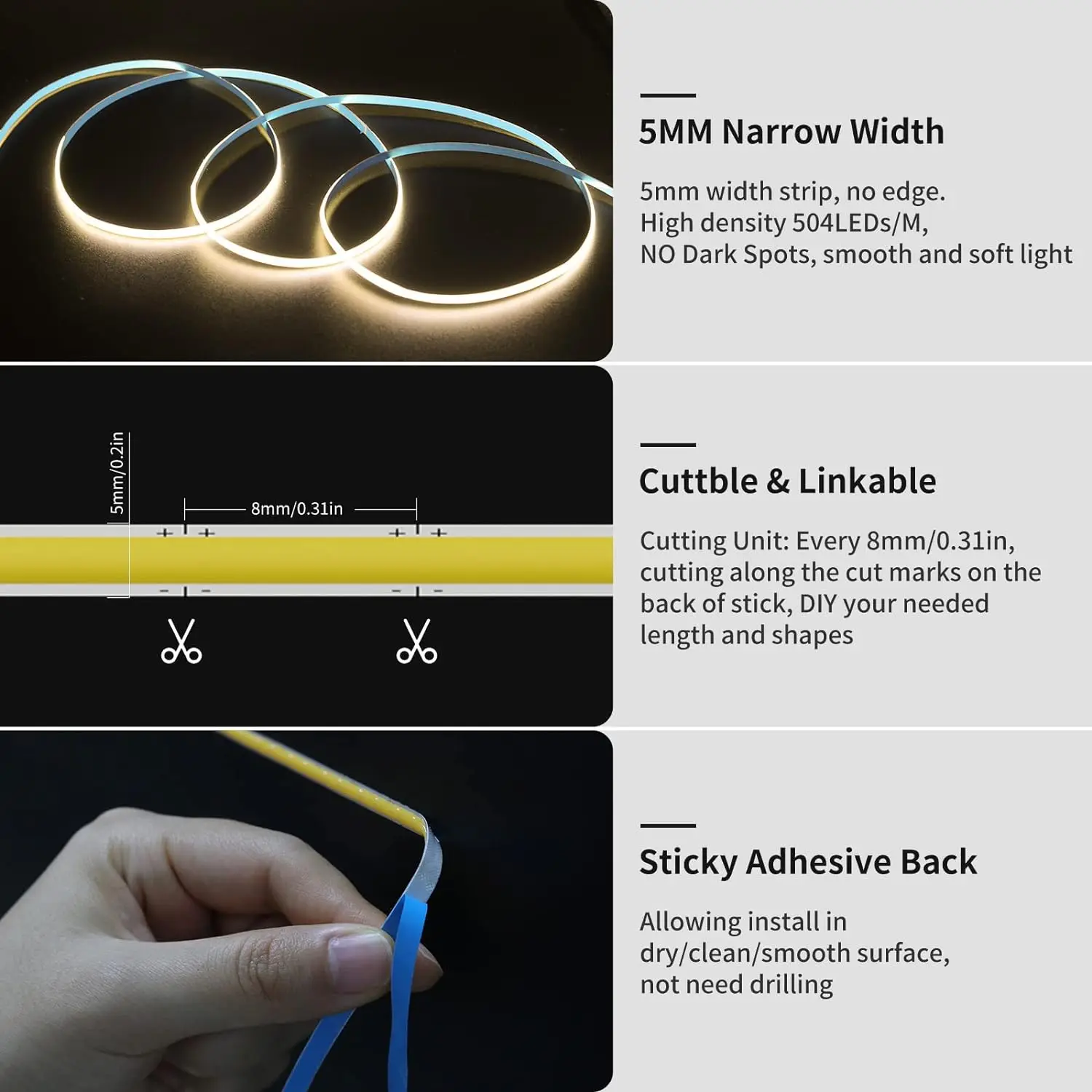Высокое качество 5 В 12 24 220 2800 К-6500 К Rgbic Rgb Rgbw Cob светодиодные полосы 3 мм 8 10