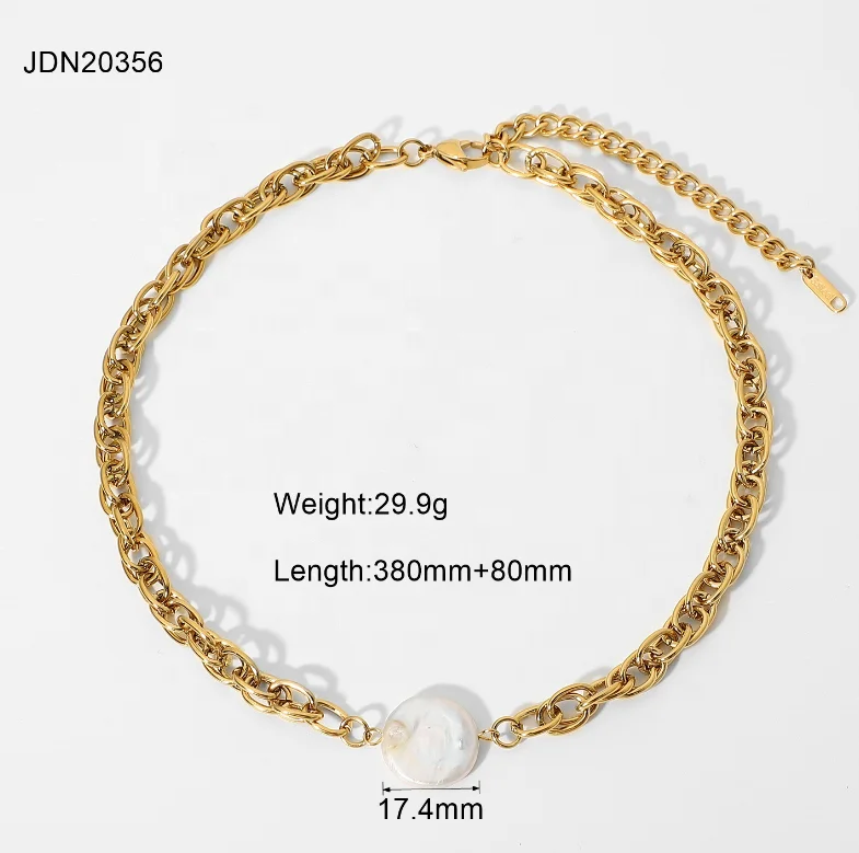 Vintage Baroque Pearl Chain Choker 18k Gold Plated Stainless Steel Statement Thick Chunky Bold Chain Pearl Necklace Jewelry