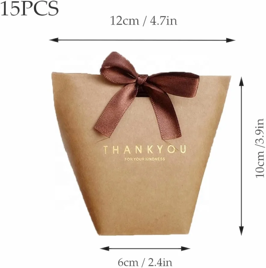 Kraft Paper Luxury Ribbon Gift Candy Chocolate Bag  With Gold Stamping Hot Foil Paper Bag For Gift