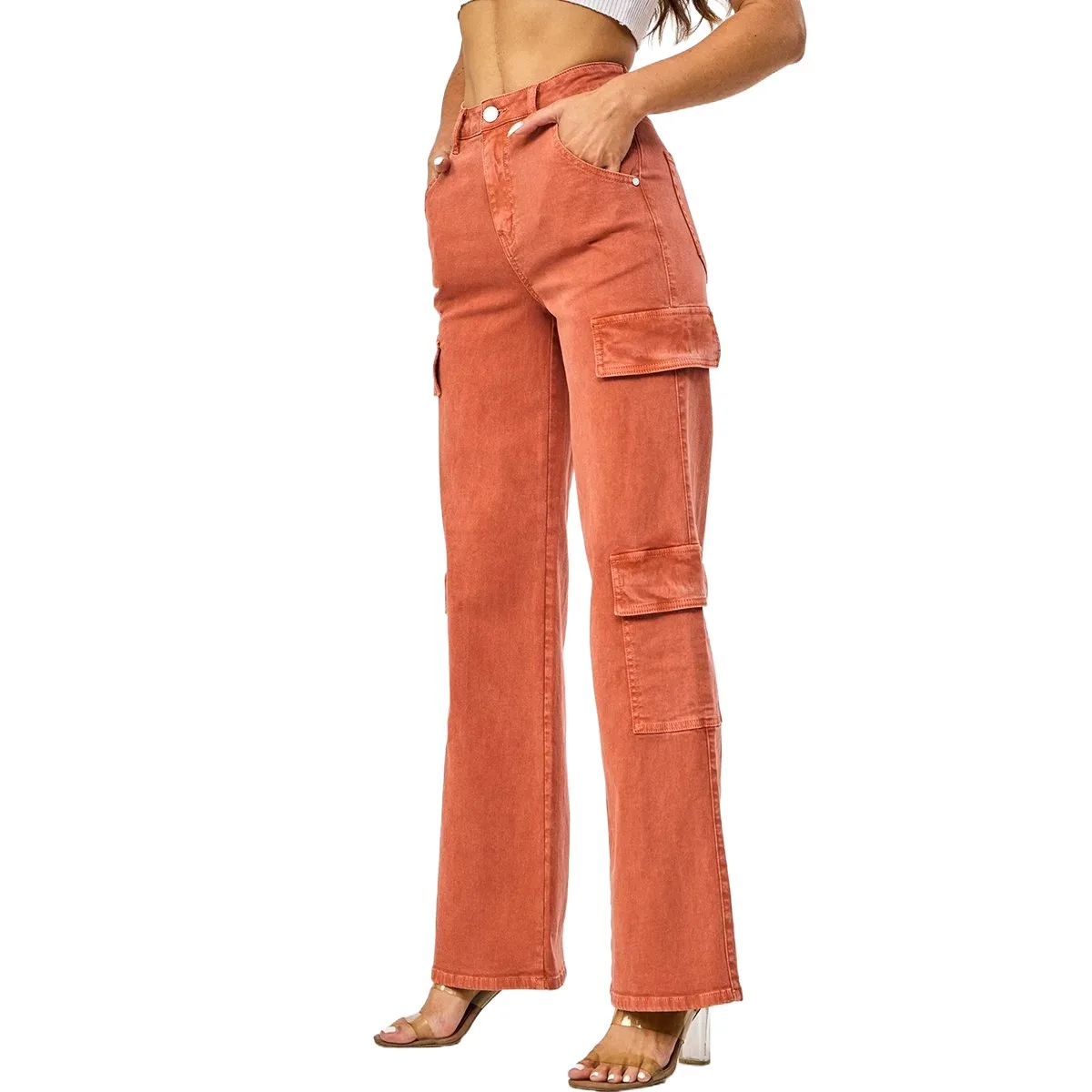 Hot Selling Female Brown High Waisted Wide Leg Jeans for Women Customized Pocket Cargo Pants
