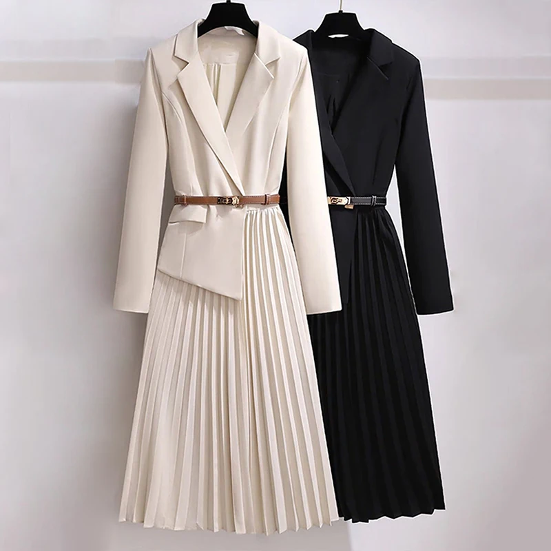 Fashion Business Career Blazer Dresses Woman Suits With Belt Pleated Ladies Formal Office Dresses