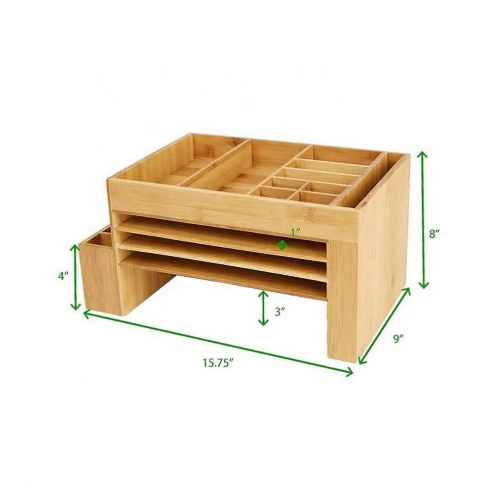 Bamboo Wooden Table Reader Desk File Organizer 16 Compartments Storage Box