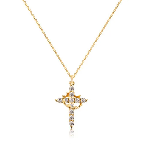 Hot Sale Creative Silver Gold Crown Rotatable Collarbone Versatile Shiny Full Diamonds Crosses Pendant Necklaces Gifts for Women