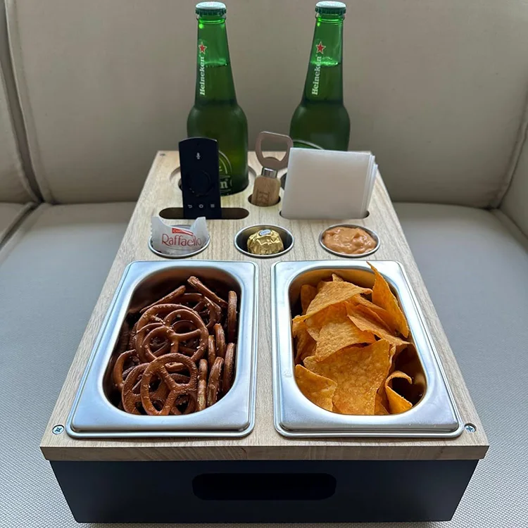 Wood Couch Snack Caddy Tray Stainless Steel Bowls Dip Cups, Sofa Dispenser Sofa Snack Tray with Drink Holders