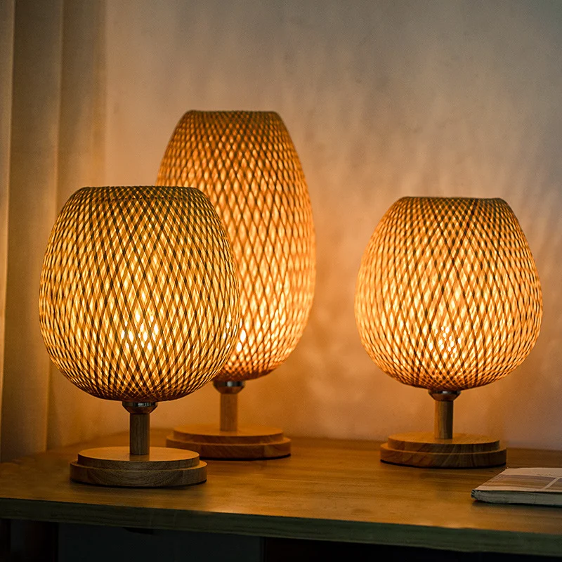 Farmhouse Handwoven Natural Lantern Bedside Decorative Ambiance Lamps Bamboo Table Lamp
