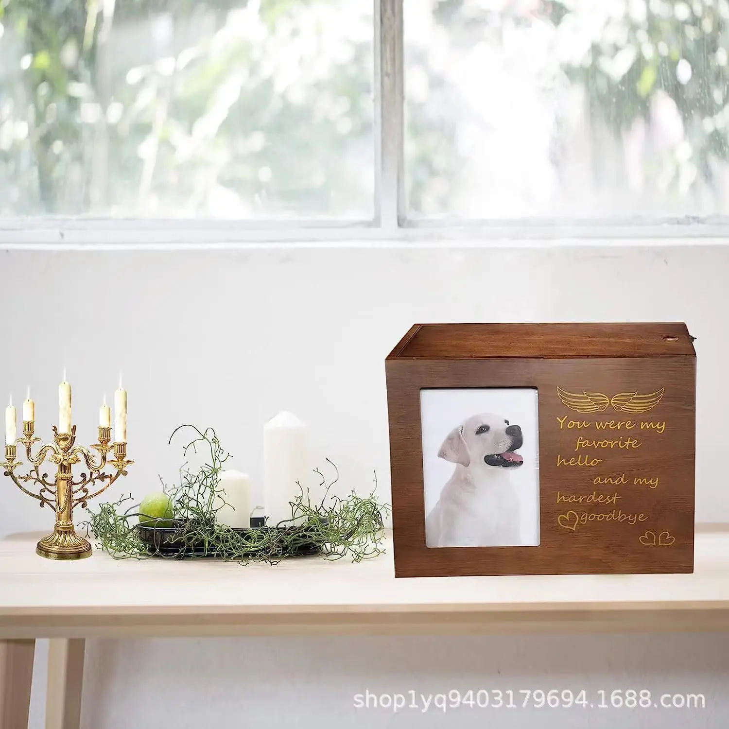 Wholesale customized cross-border animal solid wood pet commemorative cinerary box with photo frame dog cat pet cremation box
