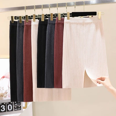 60cm/70cm/80cm Length Knitted Skirts Ladies Winter Knee Length Back Split Office Pencil Skirts