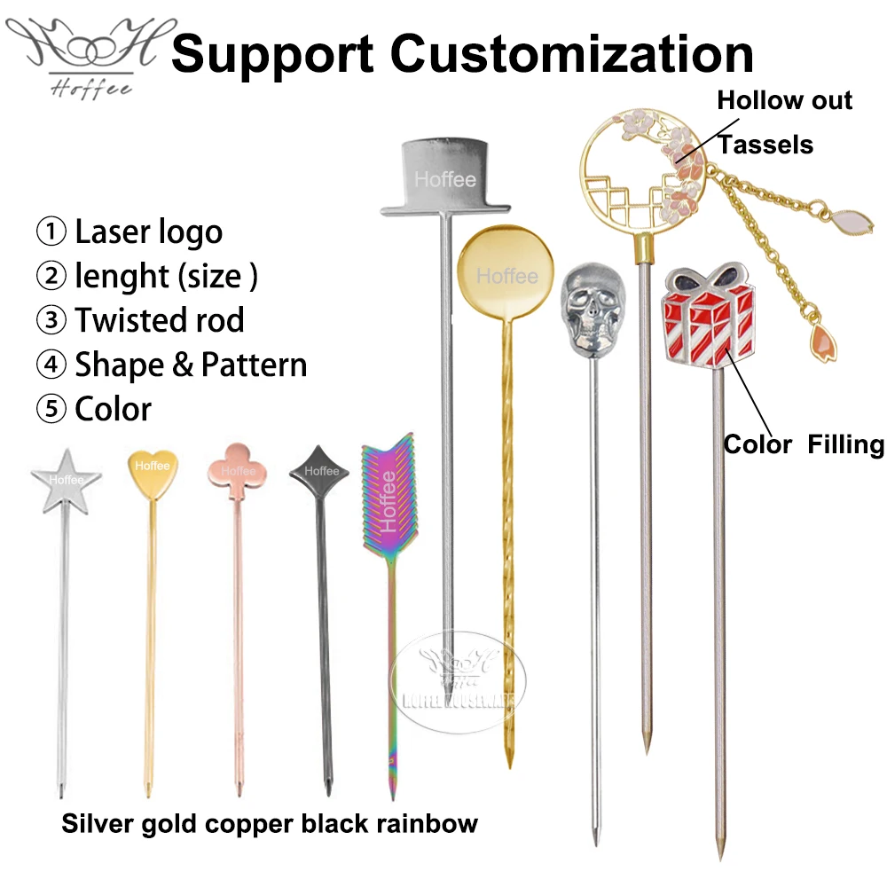 Custom Bar Tools Carving Garnish Decorative Food Drink Coffee Silver Fruit Toothpicks Stainless Steel Cocktail Stir Sticks Pick