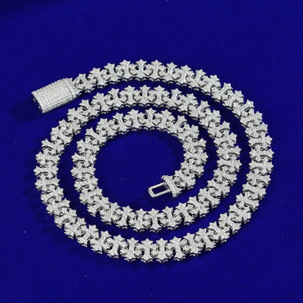 Hip Hop 12MM Jewelry Solid Gold Plated Zirconia Diamond 925 Sterling Silver Cross Link Chain Necklace For Men