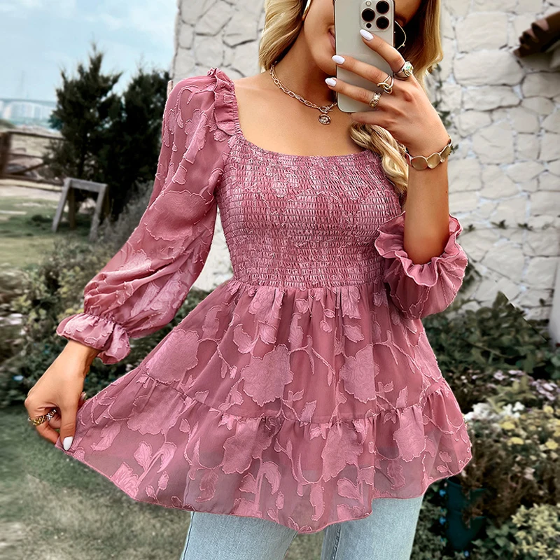 Custom Ruffle Floral Tops For Women Shirts Summer Long Puff Sleeve 2023 Fashion Ladies Chiffon Blouses Elegant Women