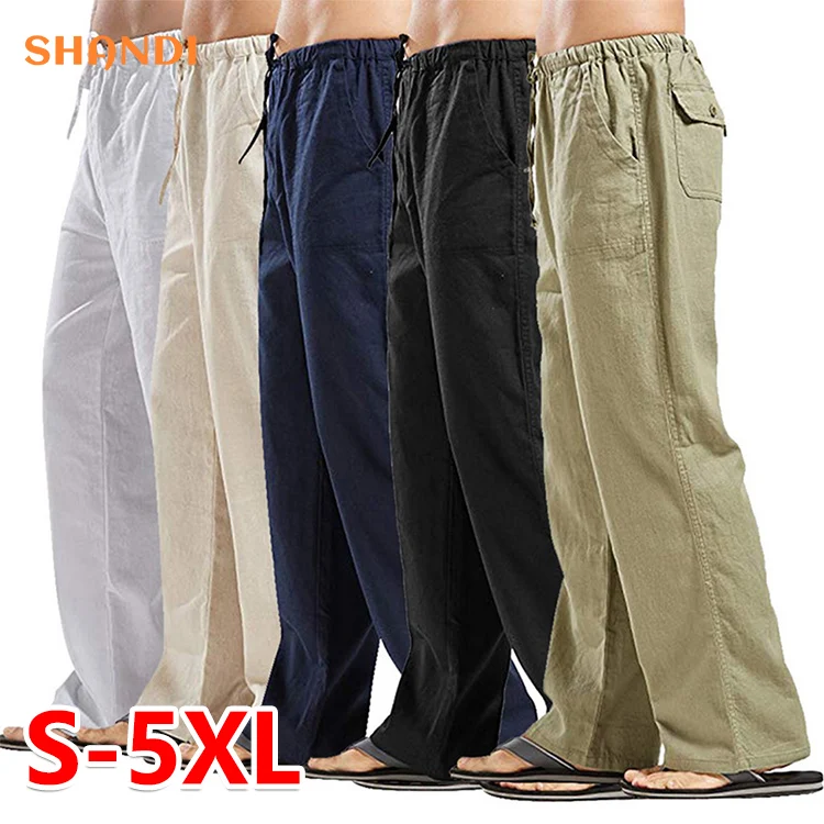 9 Colors Men Summer Casual Linen Trousers Loose Plus Size Streetwear Pockets Breathable Sweat Pants