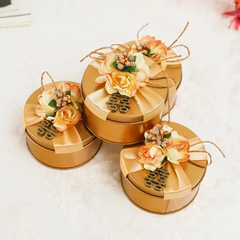 Rectangular /Round Metal Gold Red Wedding Candy Tin New Tinplate Wedding Gift Case Tins with small flower decorations TB110102