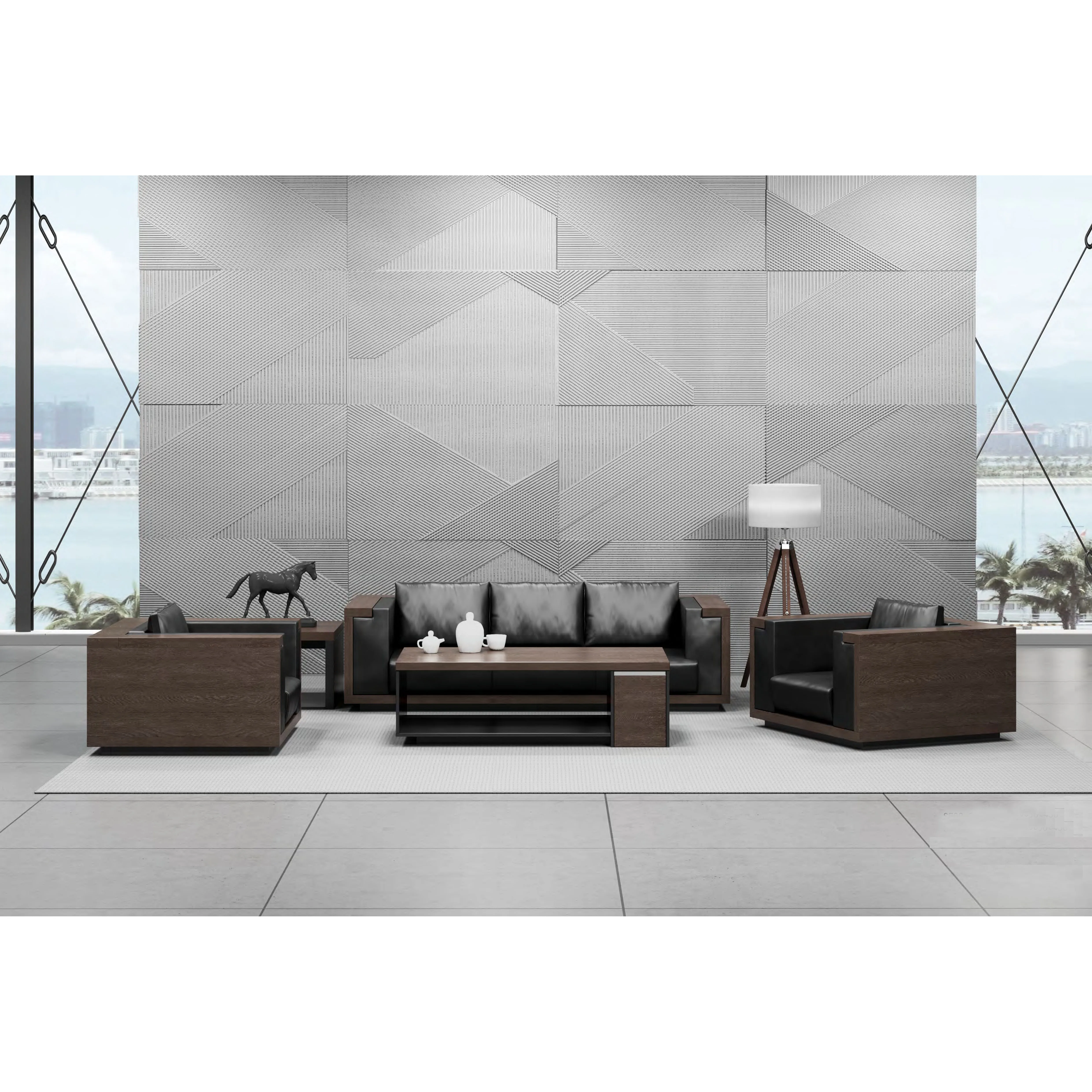 Modern Luxury Design PU leather Melamine Frame Chairman Room Black Office Sofa Set