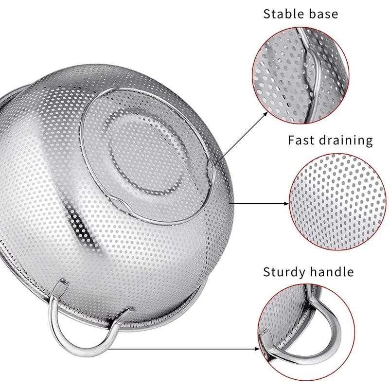 Wholesale Stainless Steel Kitchen Fruit Vegetables Washing Drain Basket Mixing Bowls Set Leach Strainer Colander