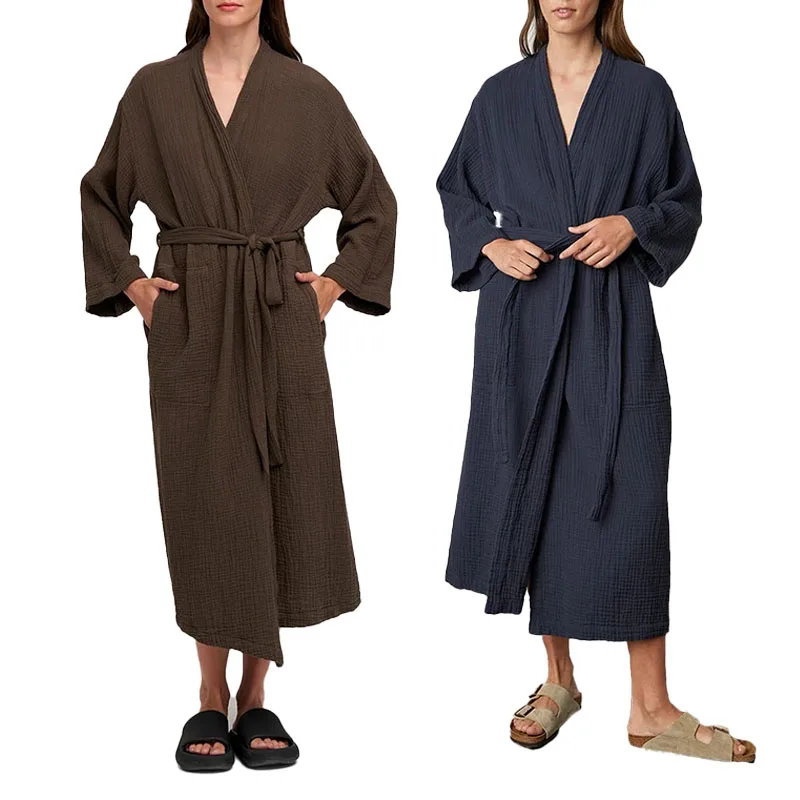 Muslin Long Robe Women Sleepwear Lounge Wear Nightdress Casual  Loungewear Pajama Custom Gauze Cotton Spa Robes Wrap Lady Chill