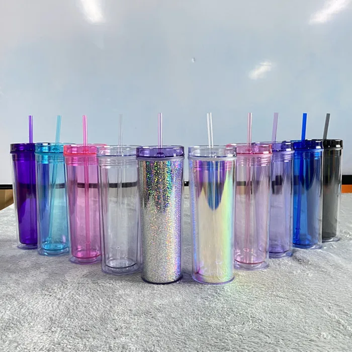 Multicolor stock Laser holographic Glitter Bomb Powder Sequins 19oz insulated double wall clear plastic drinking cup with straw