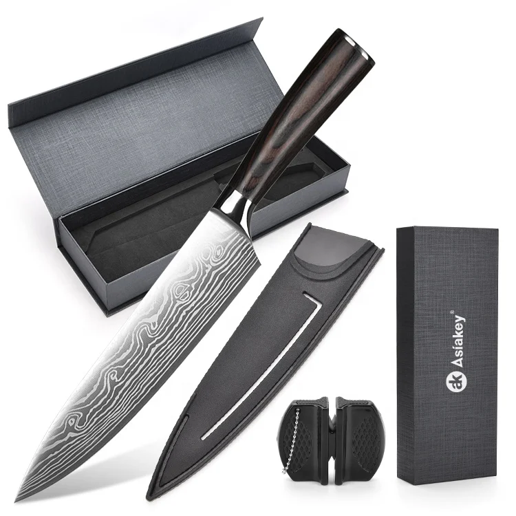 Asiakey Hot Sale 4 in one Kitchen Chef Knife Set with Sharpener & Cover in Magnetic box