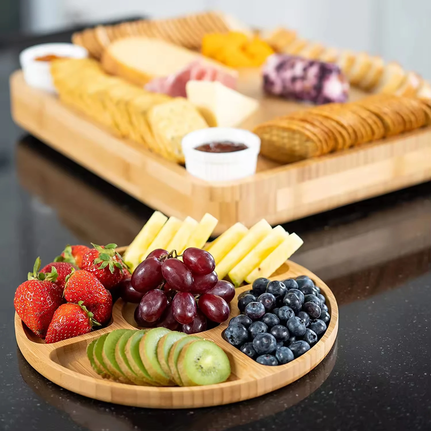 Simple Bamboo Cheese and Meat Board with Cutting Knives Drawer for Serving Charcuterie Board and Utensils Tray