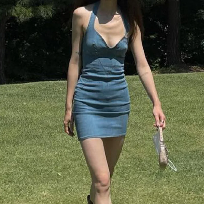 Wholesale Female Clothing Sexy Denim Dress Short Slim Hip Jeans Casual Cowboy Halter Neck Dresses For Women