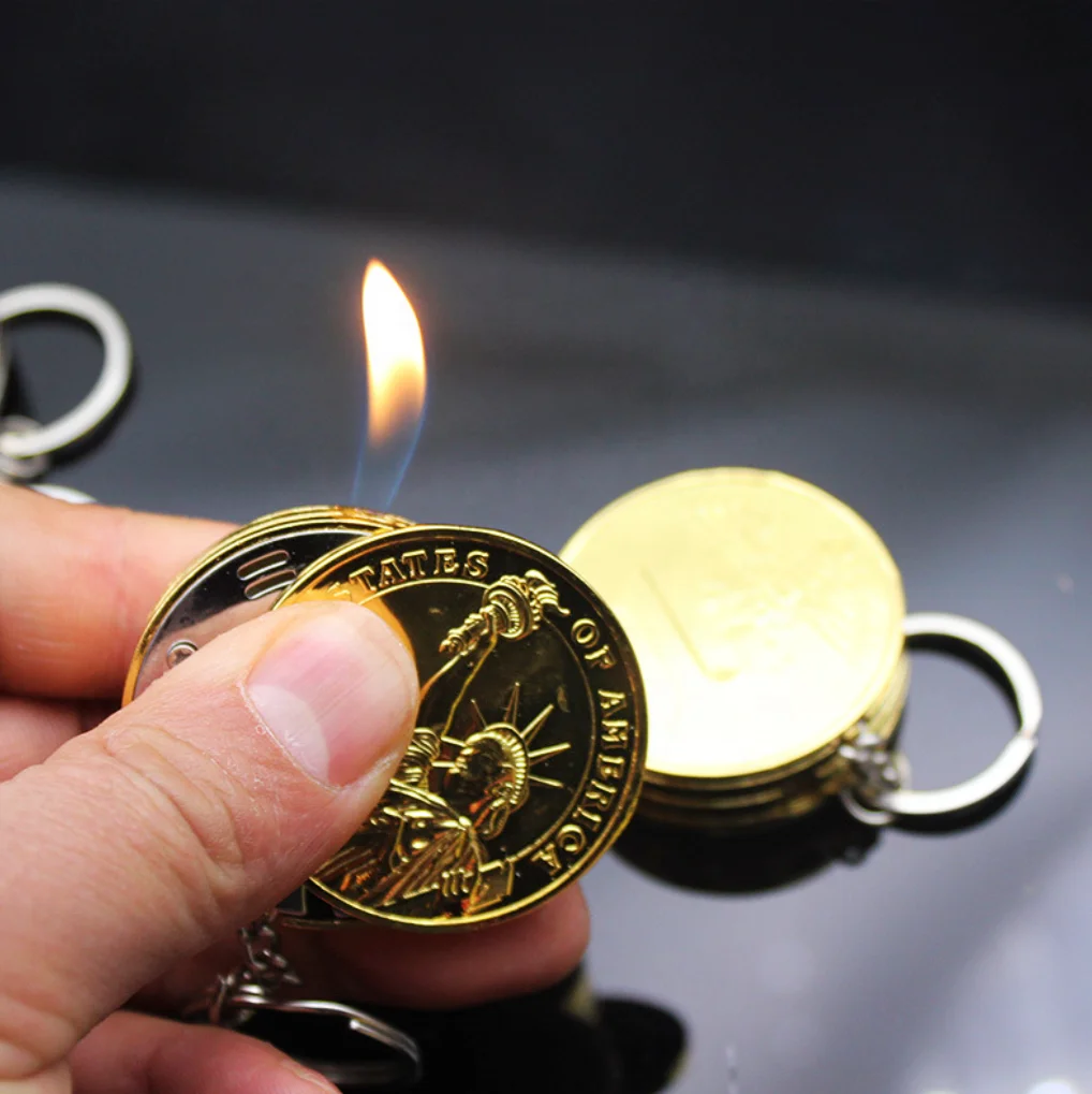 DEBANG funny lighter Mini refillable Metal coin style open flame cigarette lighter with key chain