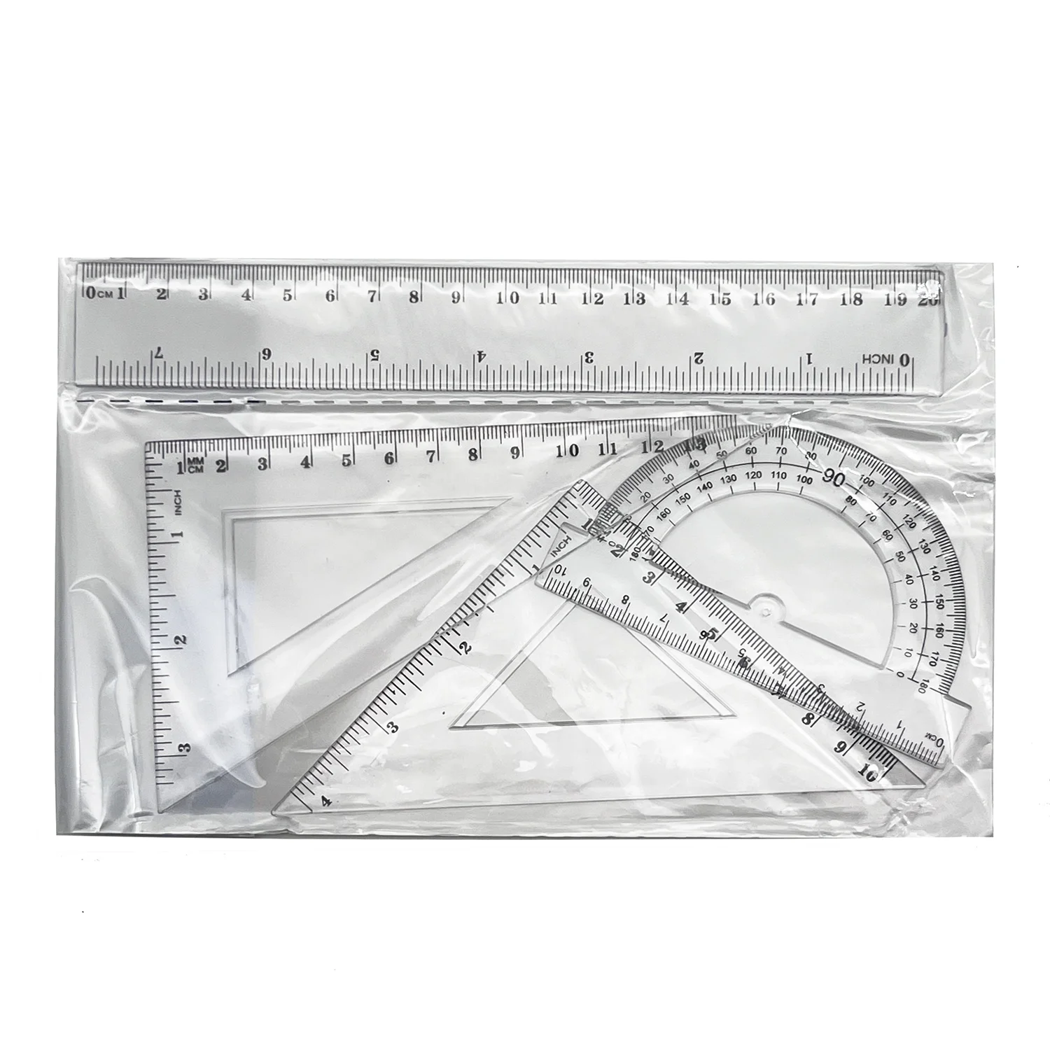 Wholesale school student tools protractor triangle straight 4pcs promotion ruler plastic rulers for school stationery set