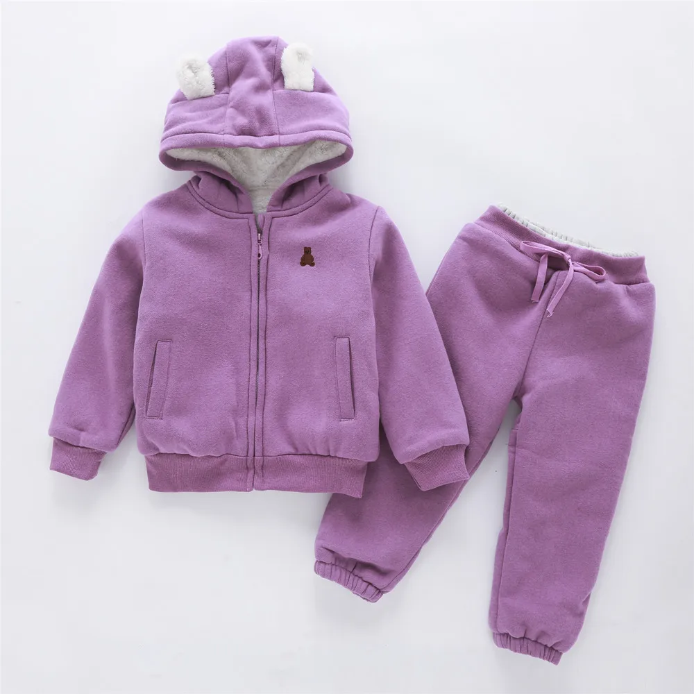 RTS Children Boy Girl Winter Clothing Zipper Up Hooded Sweater Jacket Coat Jogger Pants Thick Flannel Kid Child Clothes Suit