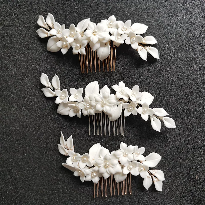 SLBRIDAL Handmade Rhinestones Pearls Ceramic Flower Leaf Bridal Hair Comb Wedding Headpieces Hair accessories Women Jewelry
