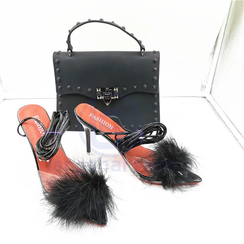 wholesale women and ladies Lace up ladies shoes arrivals women sexy shoes high thin heels sandals match jelly handbag purse