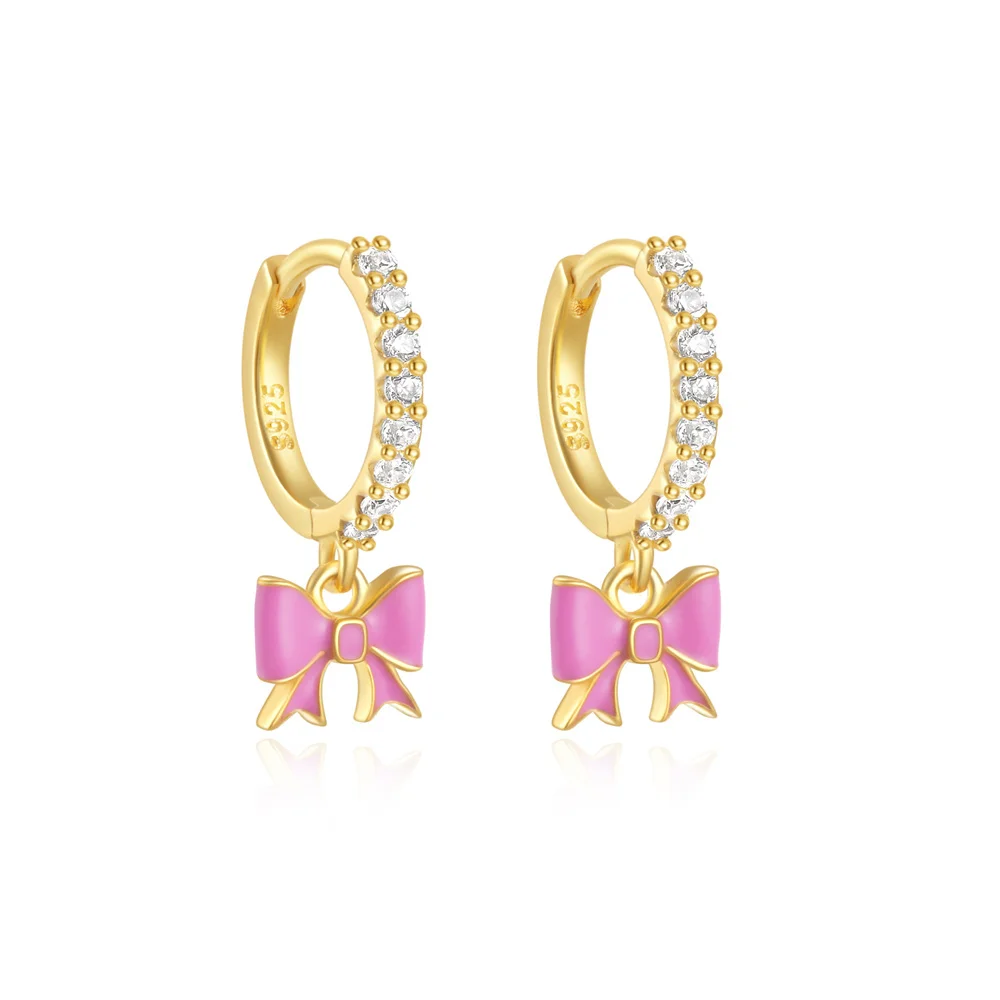 Hot Selling Bow Earrings Popular S925 sterling silver Lovely Pink Bowknot Pendant Enamel Earring Fashion Jewelry For Girls