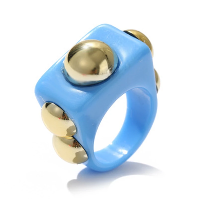 Punk Gold Bead Transparent Resin Acrylic Square Rings for Women Trendy Big Geometric Round Chunky Finger Jewelry