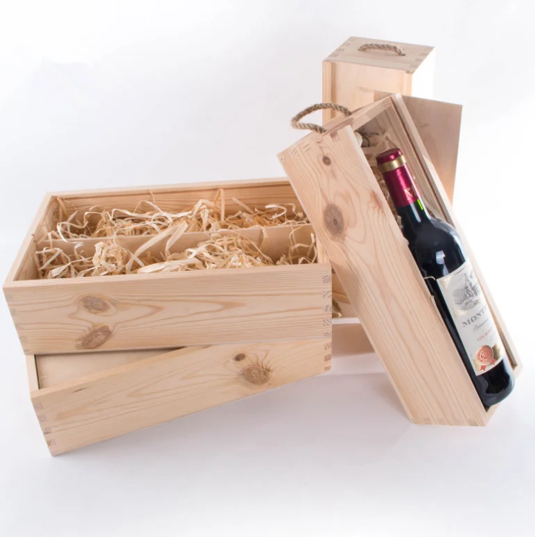 Оптовая продажа, индивидуальный логотип, одна бутылка, необработанная Роскошная сосновая деревянная коробка для шампанского, подарочная упаковка для красного вина с раздвижной крышкой