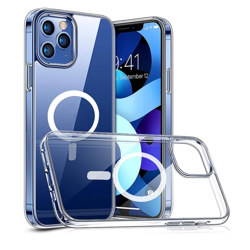 Shockproof Soft TPU transparent electroplated hard PC clear magnetic wireless charging Mobile Phone Case