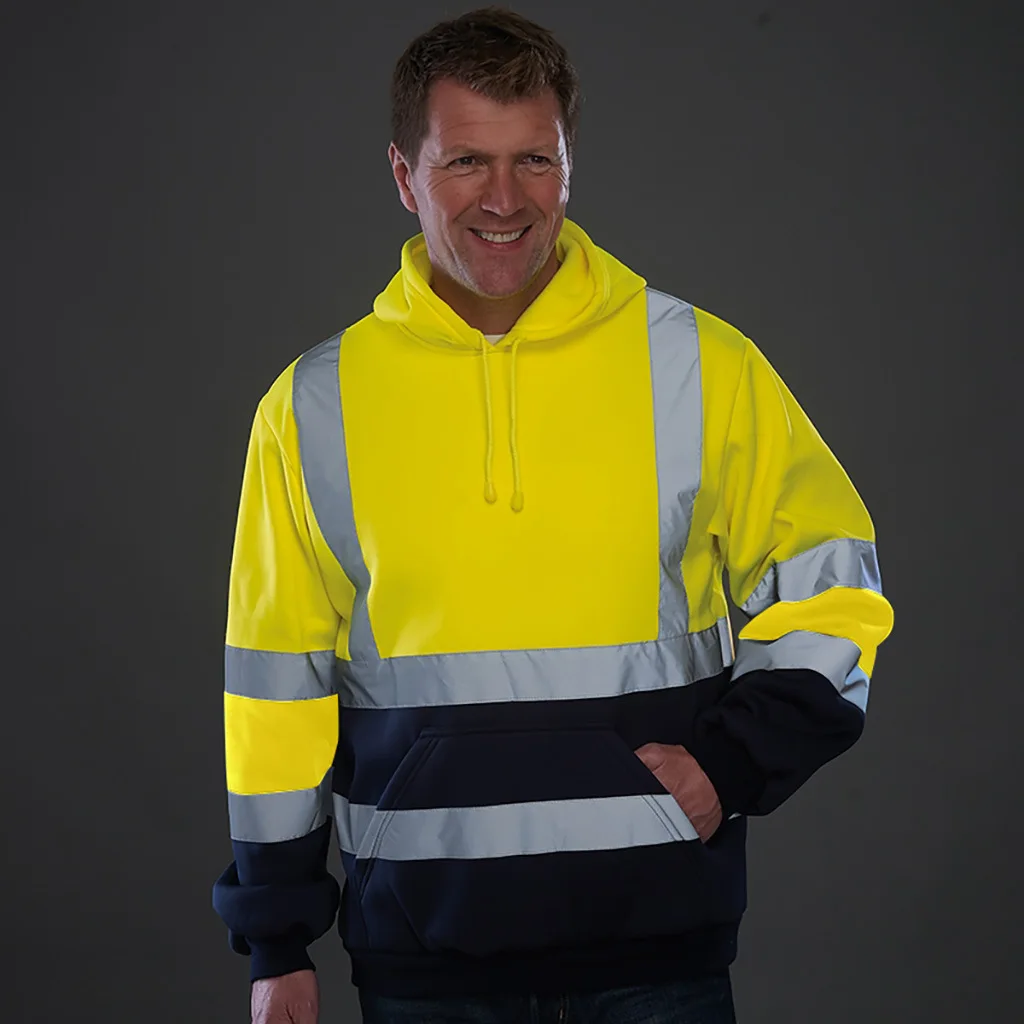 High Visibility Hoodies Reflective Pullover Sweater EN ISO 20471 ANSI Class 3 Flu Yellow Long Sleeve Safety Sweatshirt