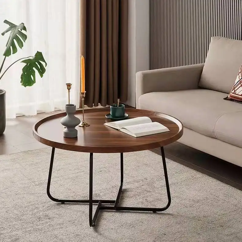 Chinese Wood Metal Living Room Modern Design Wooden Furniture Small Coffee Round Tea Table Set