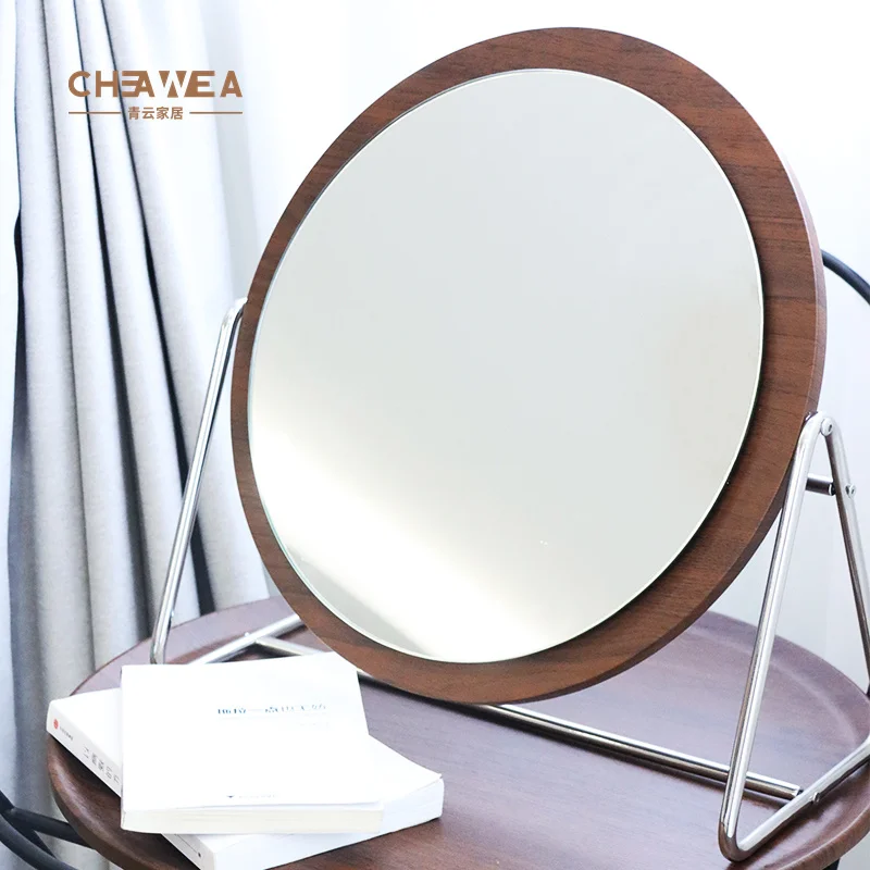 Round Decorative Vanity Table Set Mirror Makeup Mirror LED Vintage Bedroom Vanity Table Wooden Mirror