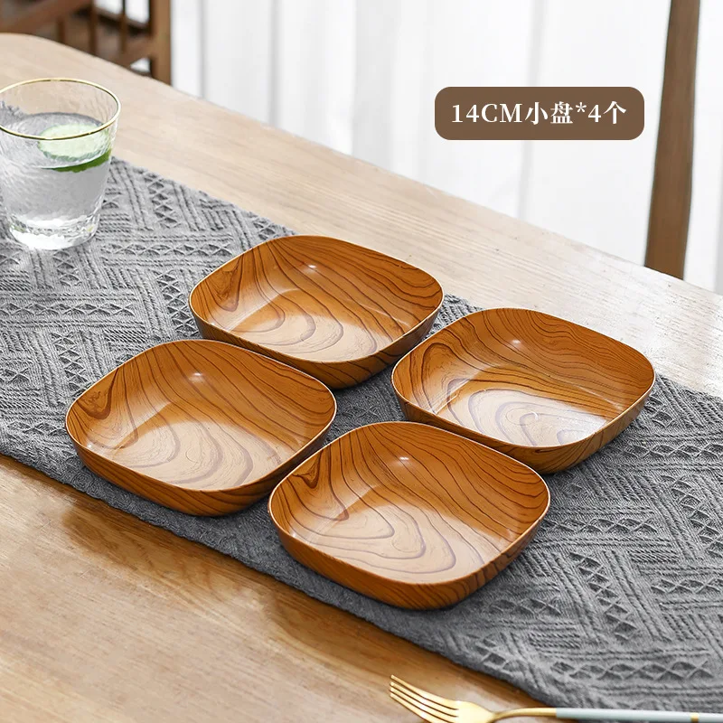 Chinese Style Melamine Wood Grain Square Bone Spitting Plate Snack Dried Fruit Cake Tray Utensils for Serving and Serving