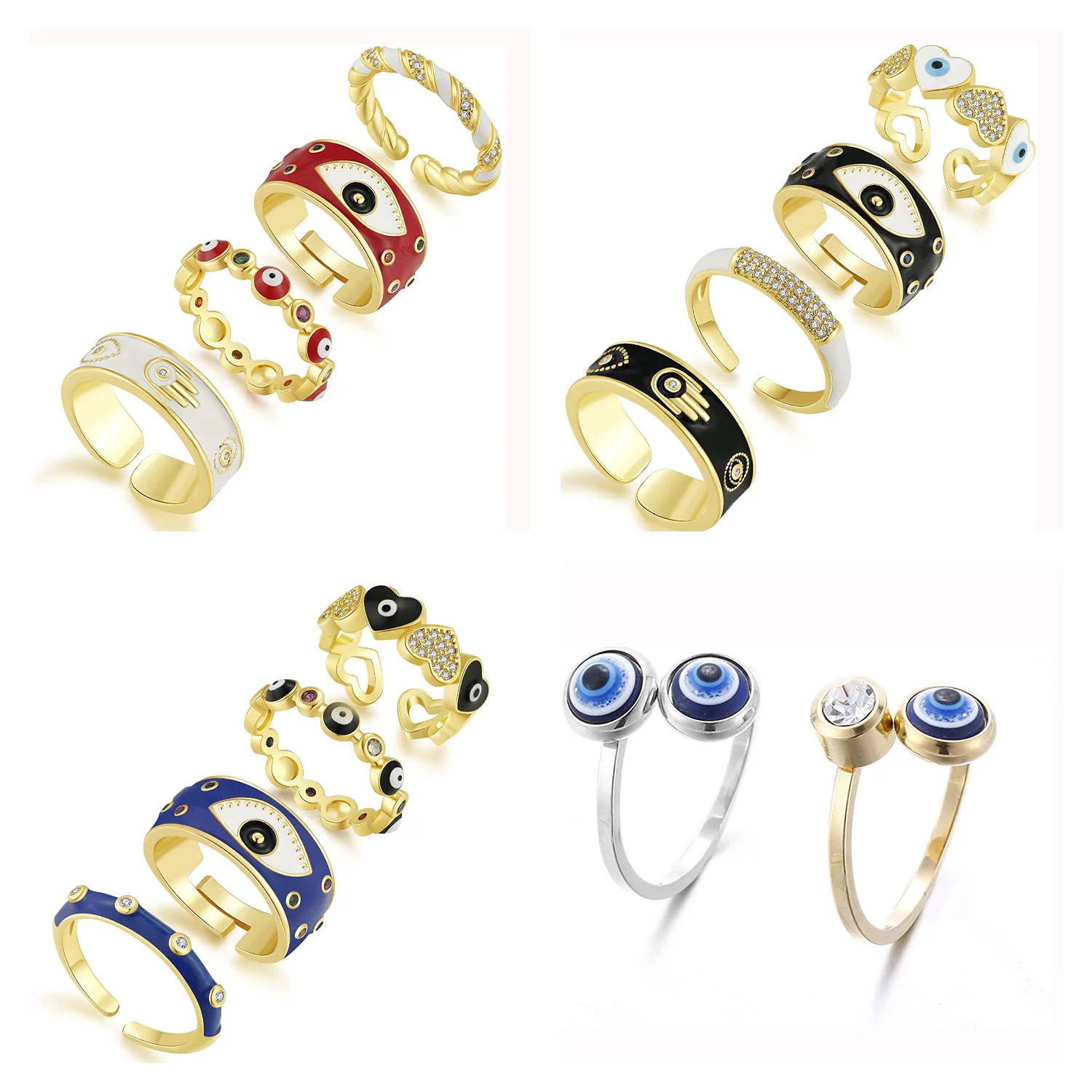 Fashion Transparent Hamsa Stones Dome Neon 18K Gold Plated Adjustable Stainless Steel For Women Diamond Rose Dainty Eye Ring