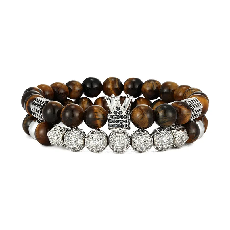 European Wholesale Luxury Handmade 2Pcs/Set Elastic Natural Tiger Eye Bead Micro Inlay Zircon Balls Crown Bracelet Set Men