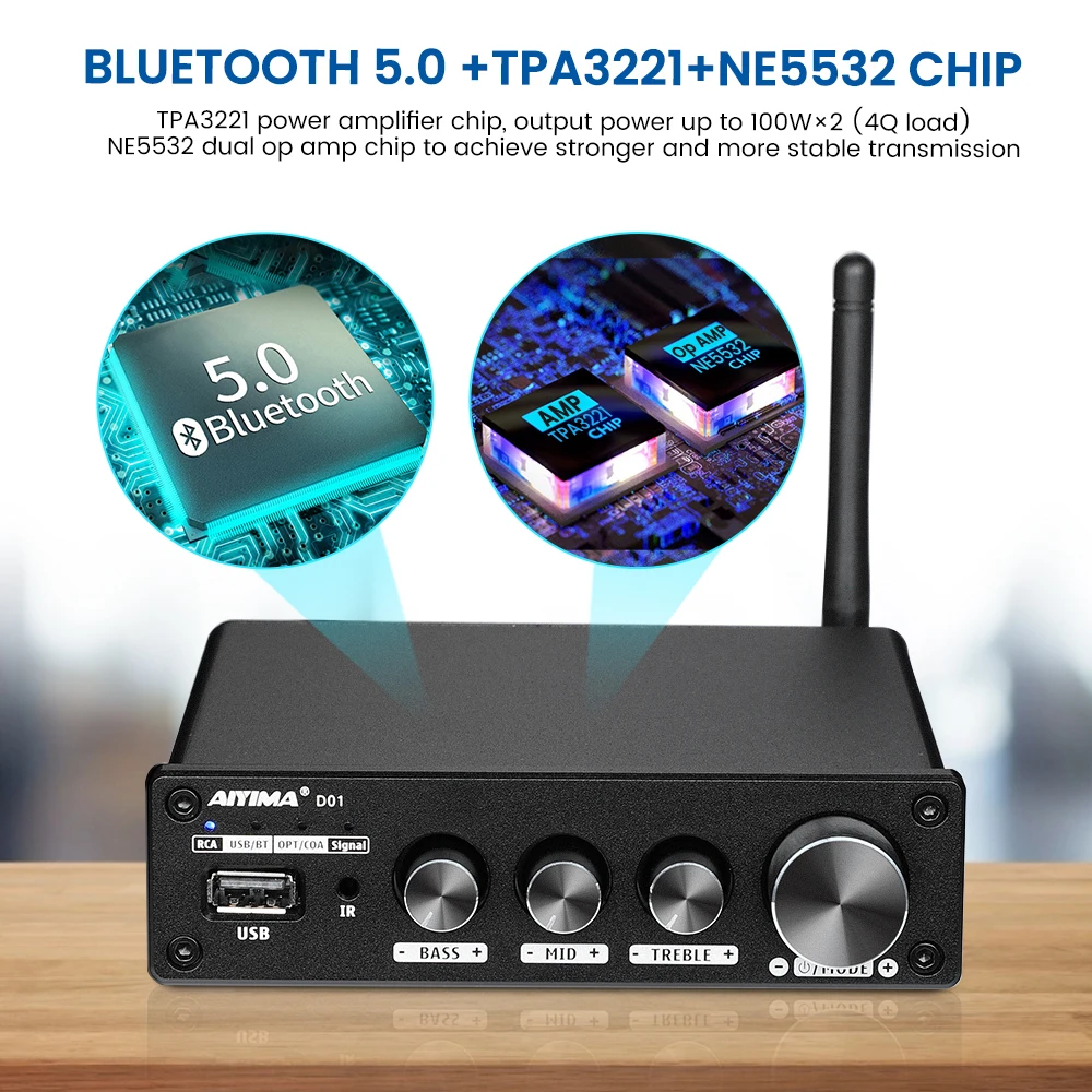 Усилитель мощности AIYIMA HiFi BT 5 0 2 каналов звуковой усилитель декодер стерео USB оптимизированный коаксиальный для настольного компьютера 200